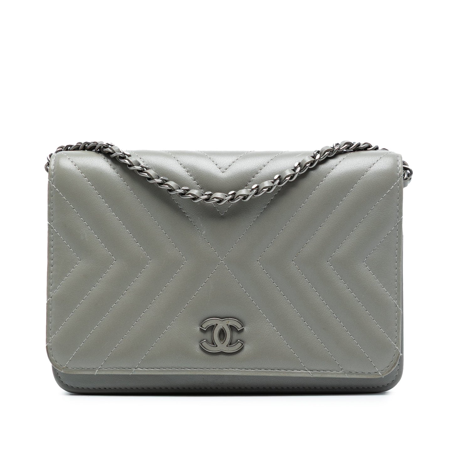 Gray Chanel Diagonal Chevron Calfskin Tassel Wallet On Chain Crossbody Bag