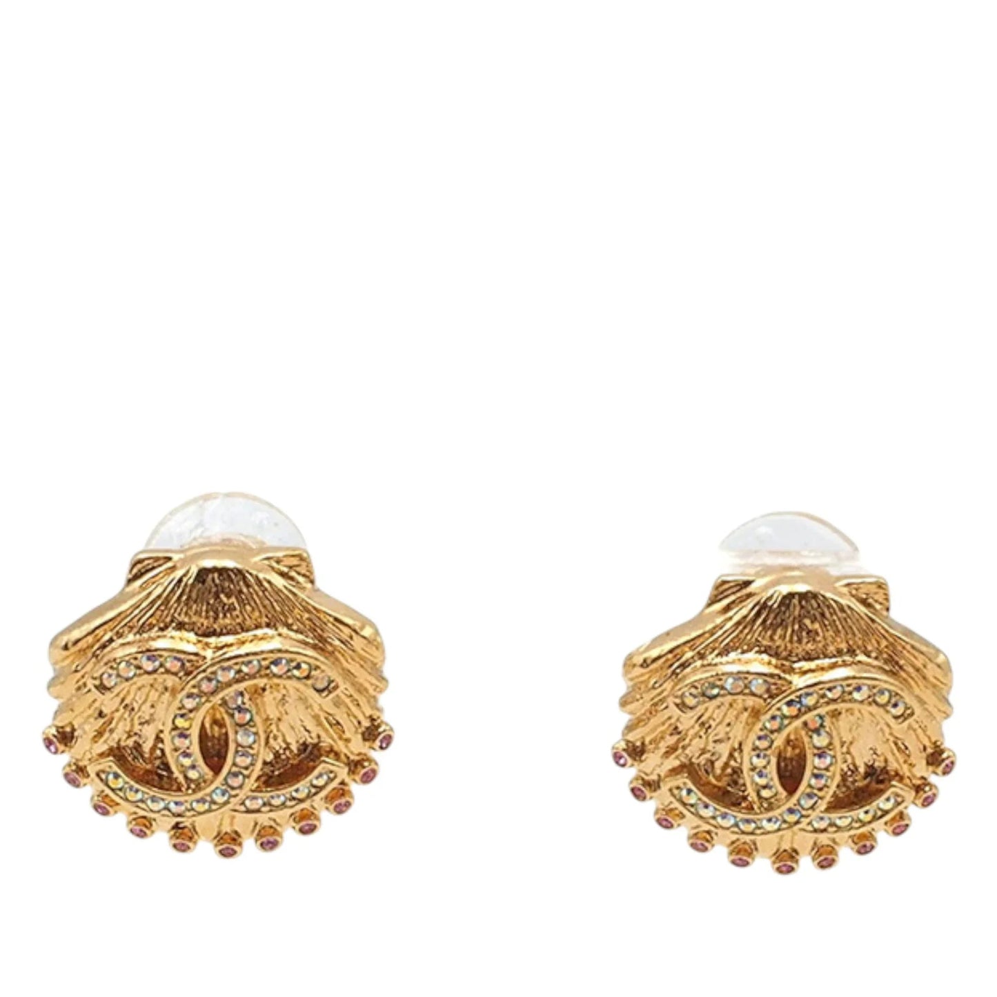 Gold Chanel CC Gold Plated Rhinestone Shell Clip On Earrings