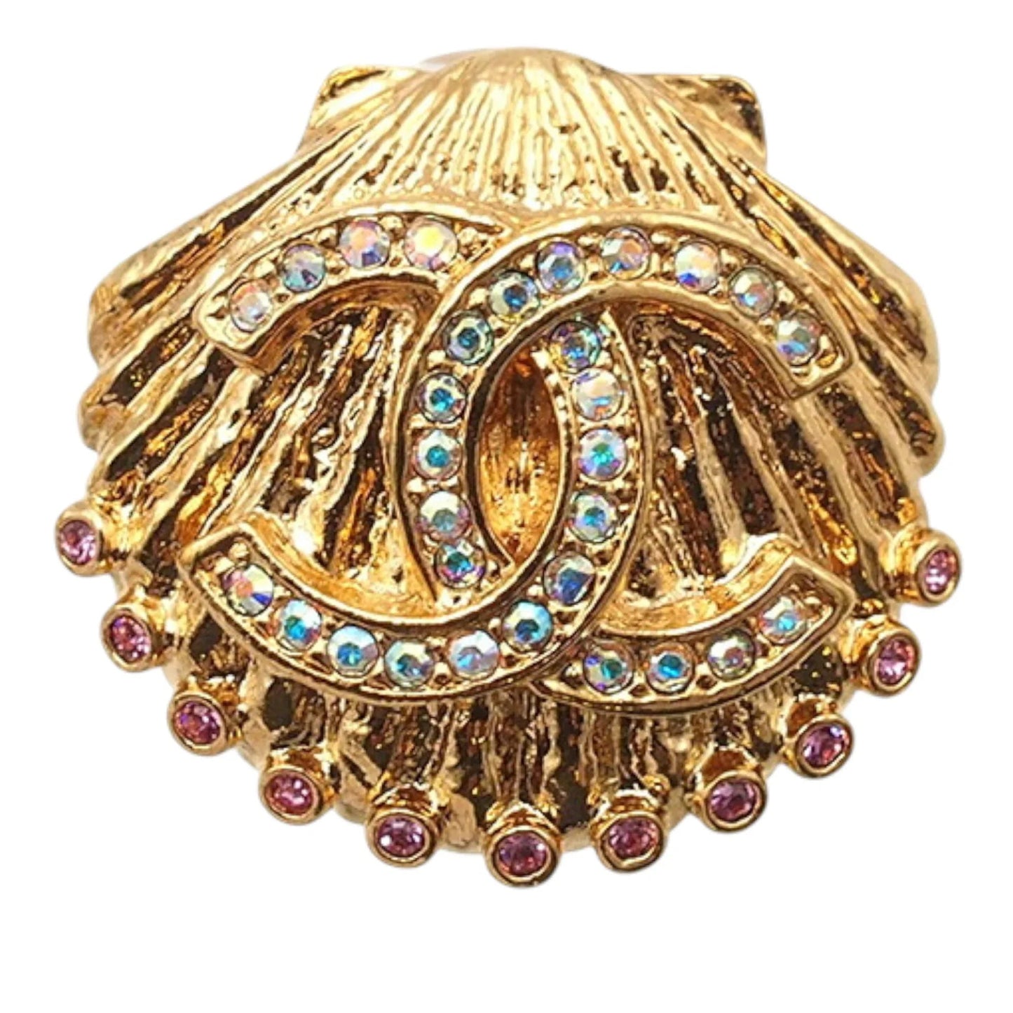 Gold Chanel CC Gold Plated Rhinestone Shell Clip On Earrings