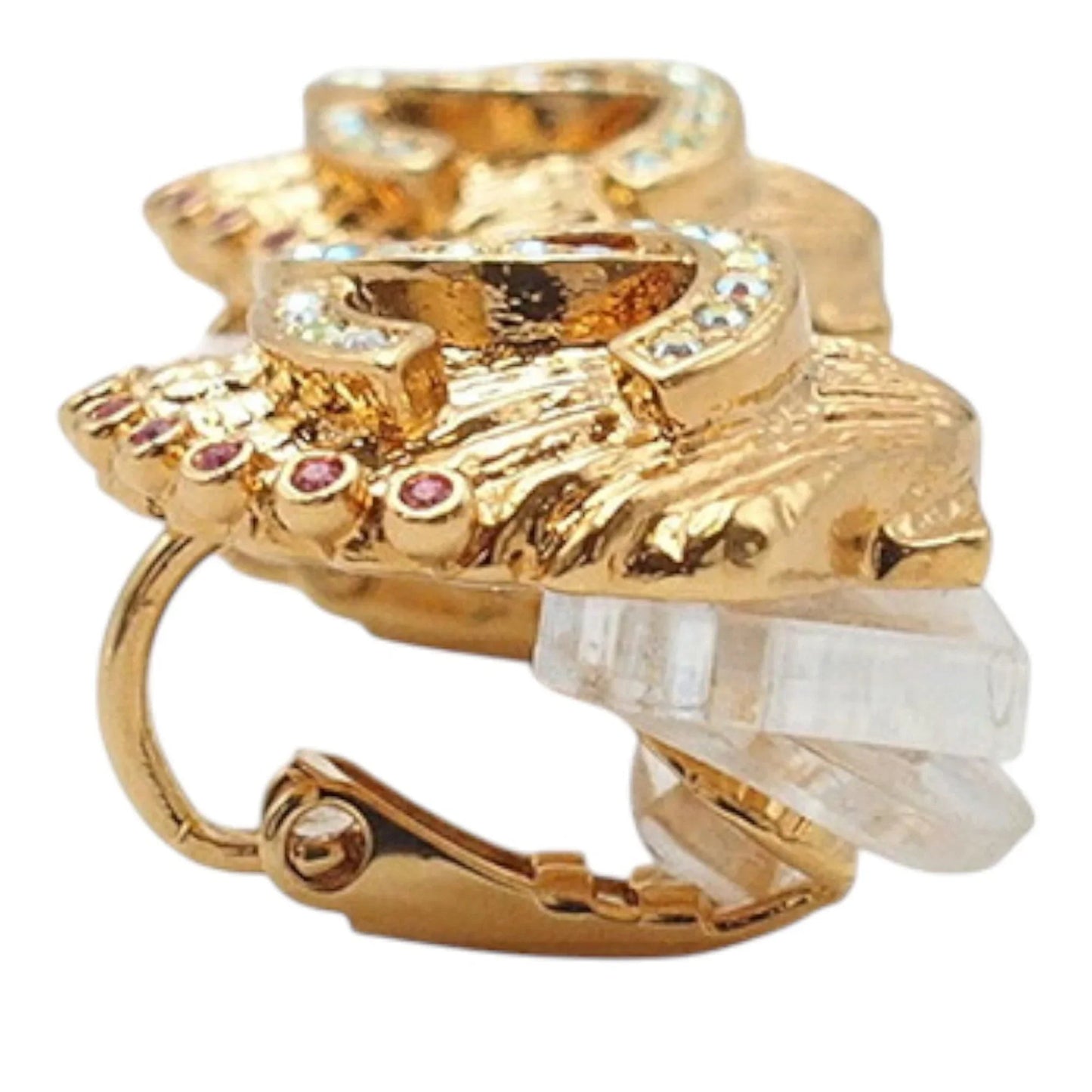 Gold Chanel CC Gold Plated Rhinestone Shell Clip On Earrings
