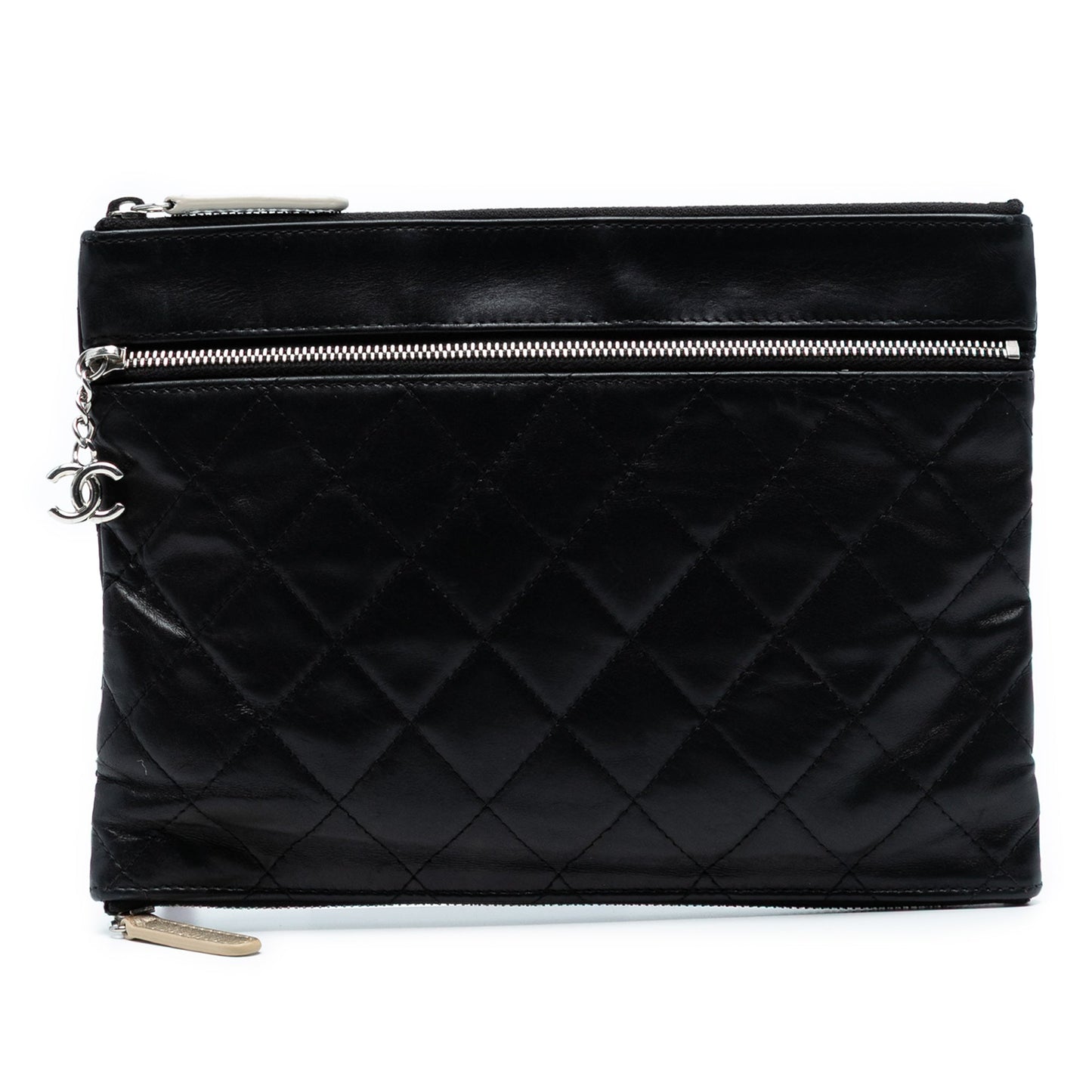 Black Chanel Small CC Quilted Lambskin Multi Zip Clutch