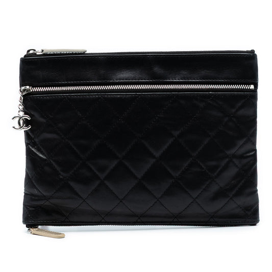 Black Chanel Small CC Quilted Lambskin Multi Zip Clutch