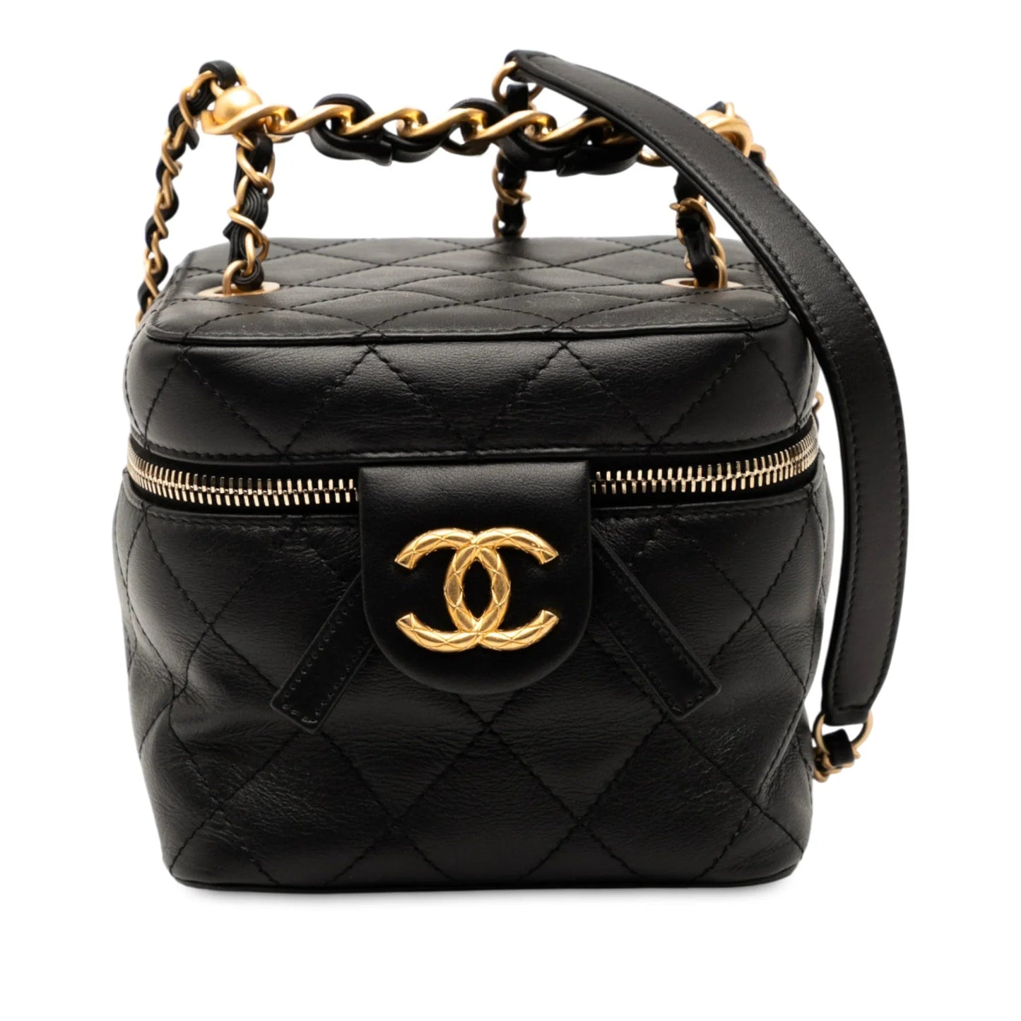 Black Chanel CC Quilted Calfskin Chain Top Handle Vanity Case on Strap Satchel