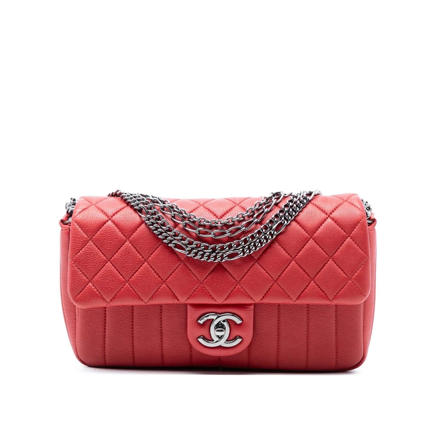 Red Chanel CC Quilted Calfskin Multi Chain Flap Shoulder Bag