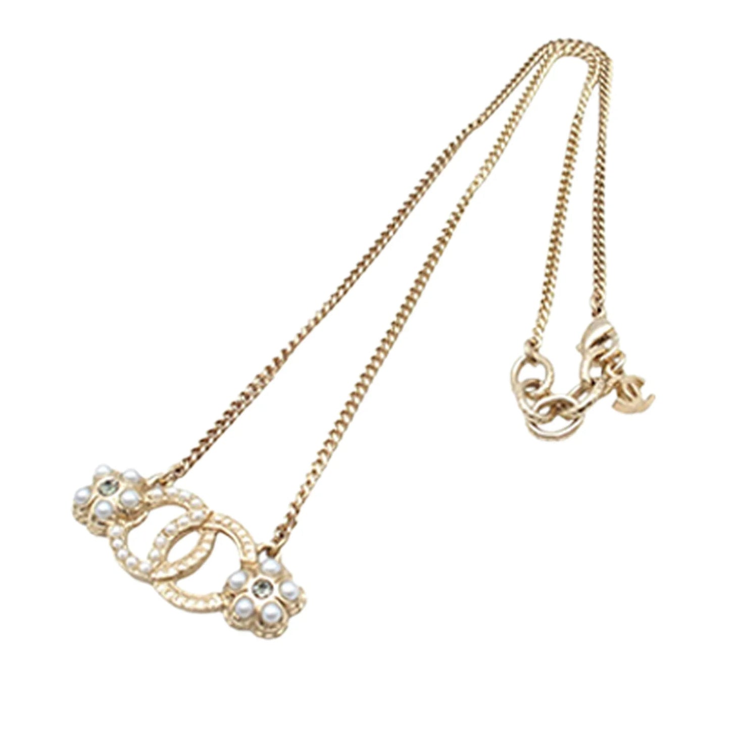 Gold Chanel CC Gold Plated Faux Pearl and Rhinestone Flower Necklace