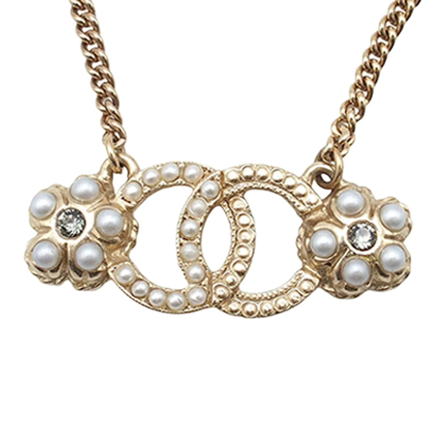 Gold Chanel CC Gold Plated Faux Pearl and Rhinestone Flower Necklace