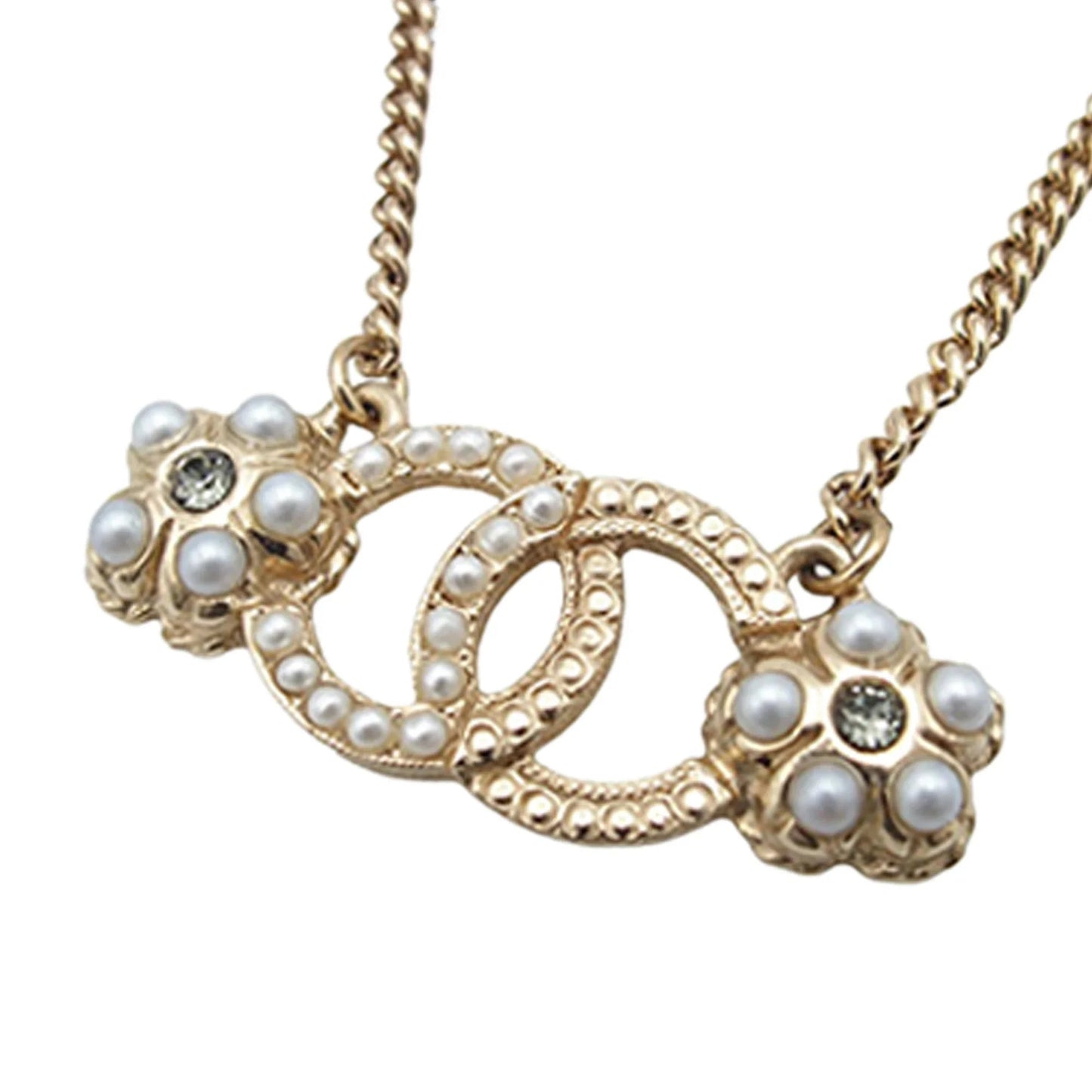 Gold Chanel CC Gold Plated Faux Pearl and Rhinestone Flower Necklace