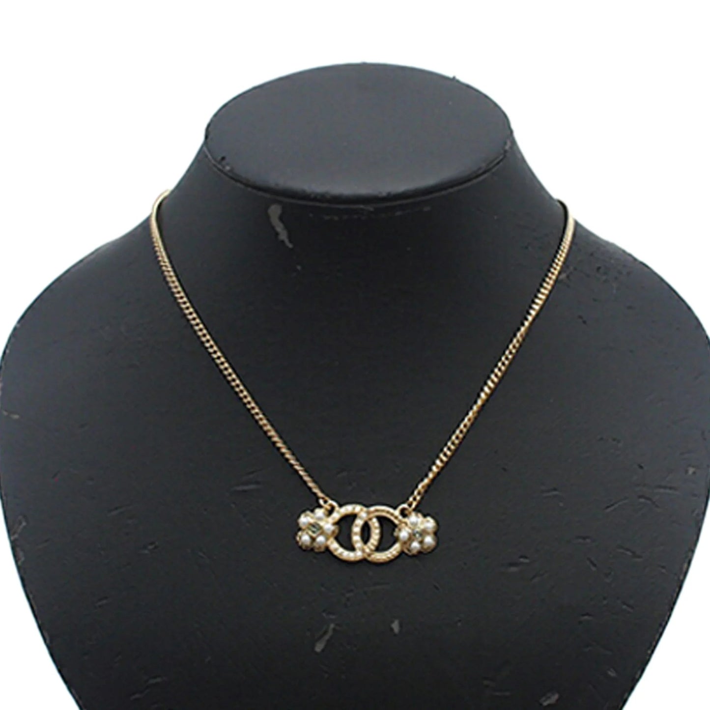 Gold Chanel CC Gold Plated Faux Pearl and Rhinestone Flower Necklace