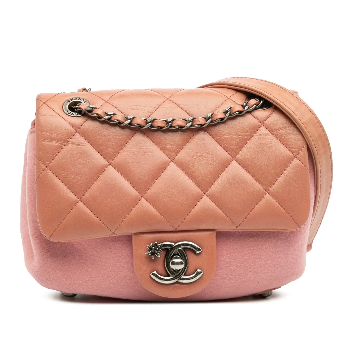 Pink Chanel Paris Salzburg Mini Quilted Glazed Calfskin and Felt Edelweiss Flower Flap Crossbody Bag
