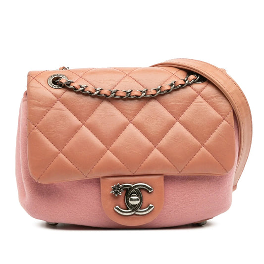Pink Chanel Paris Salzburg Mini Quilted Glazed Calfskin and Felt Edelweiss Flower Flap Crossbody Bag