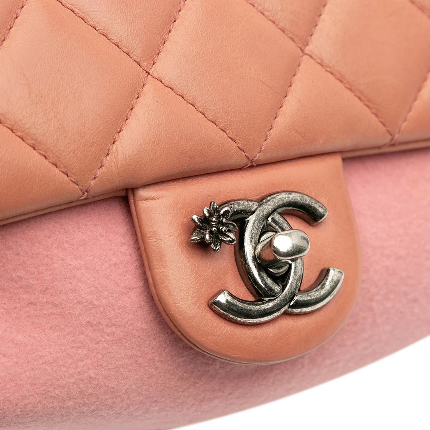 Pink Chanel Paris Salzburg Mini Quilted Glazed Calfskin and Felt Edelweiss Flower Flap Crossbody Bag