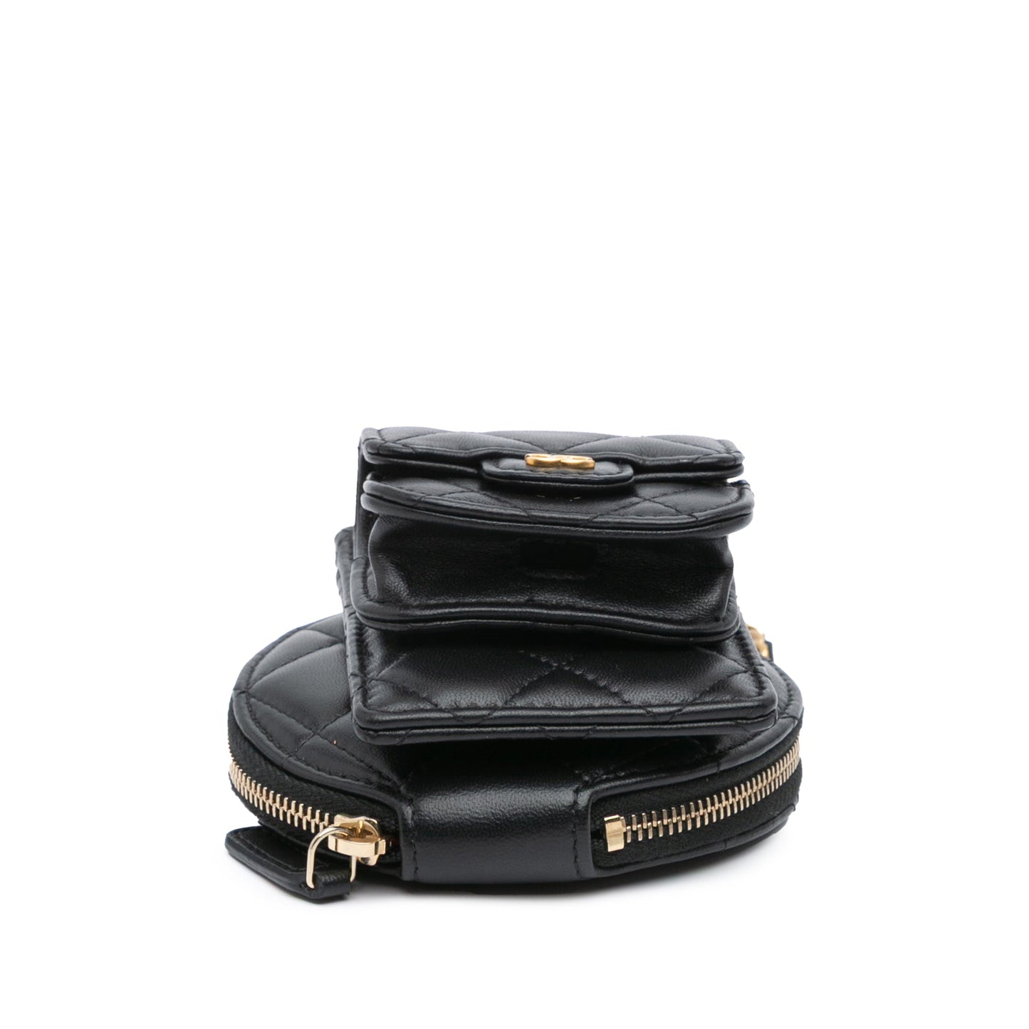 Black Chanel Lambskin Pearl Crown CC Wristlet Multi Pouches Clutch Bag