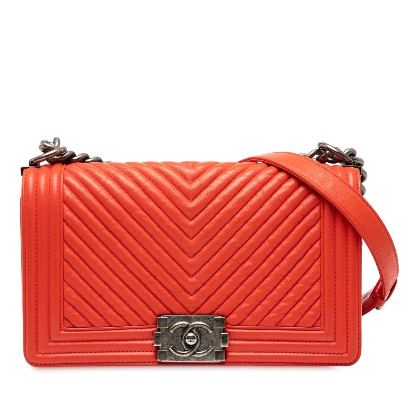 Red Chanel Old Medium Chevron Lambskin Boy Flap Crossbody Bag