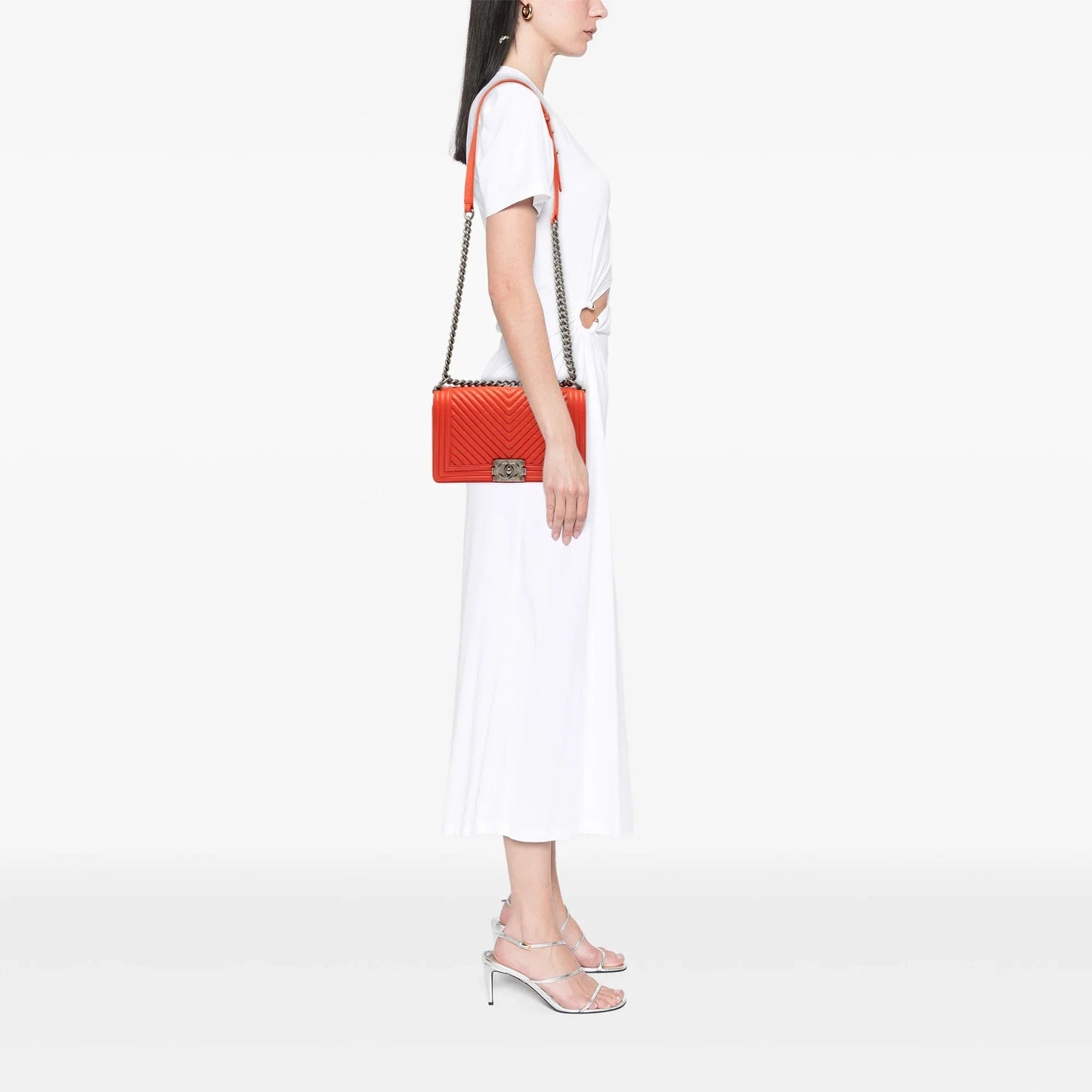 Red Chanel Old Medium Chevron Lambskin Boy Flap Crossbody Bag
