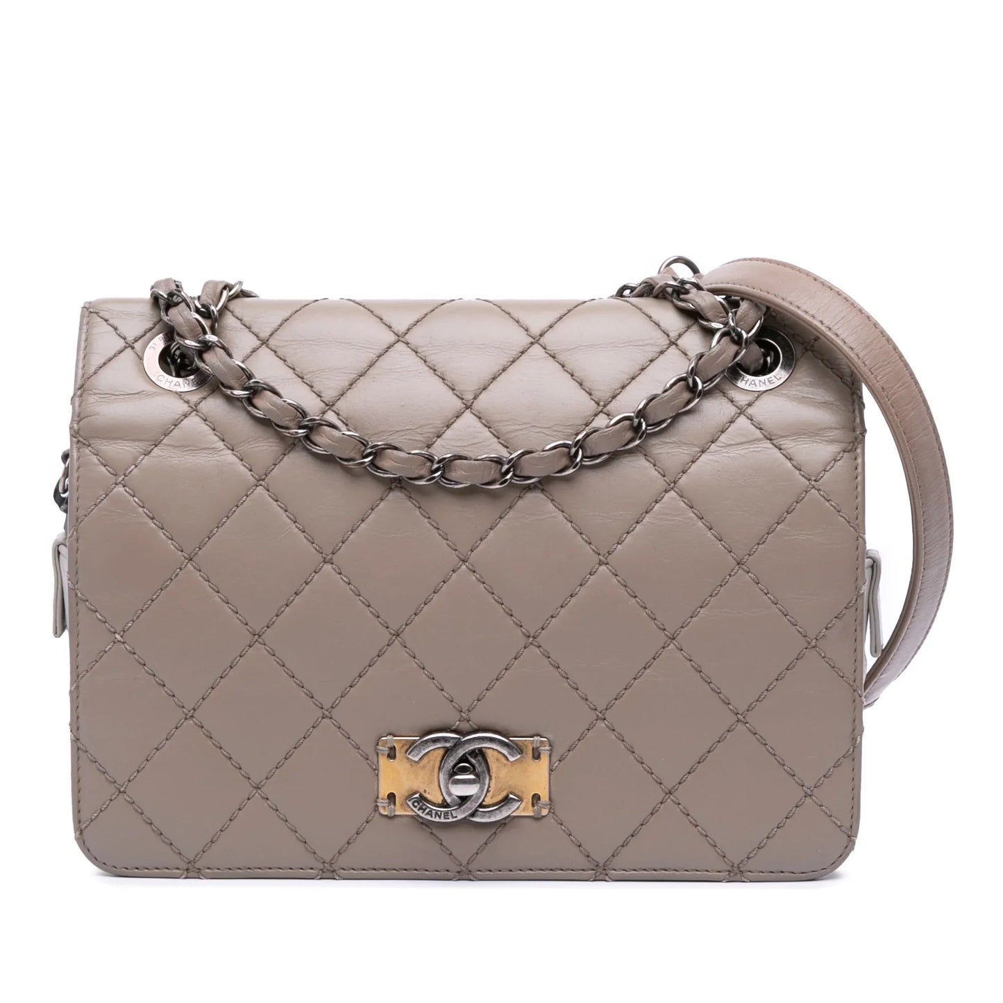 Taupe Chanel Quilted Calfskin Day Trip Flap Shoulder Bag
