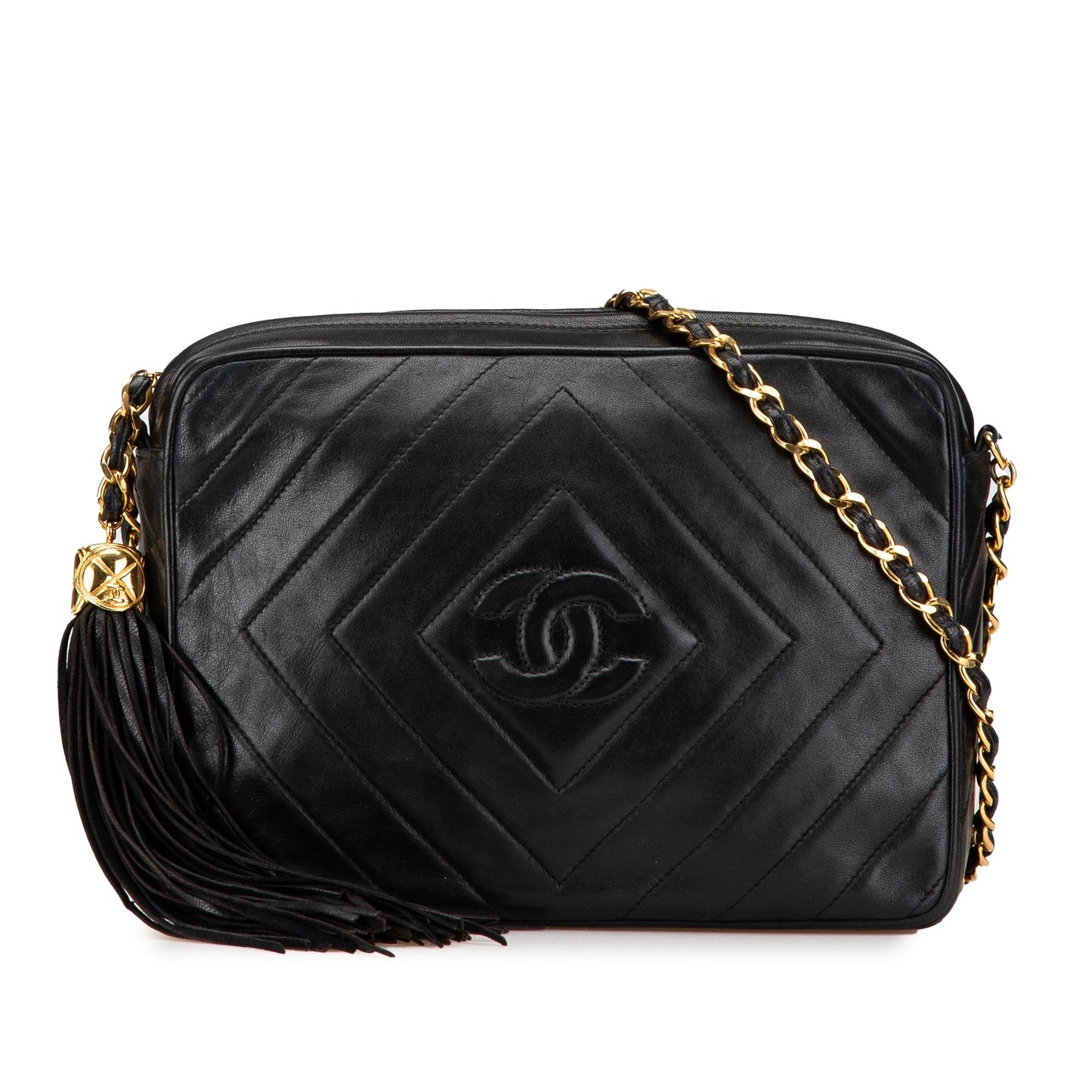 Black Chanel CC Chevron Quilted Lambskin Tassel Camera Case Crossbody Bag