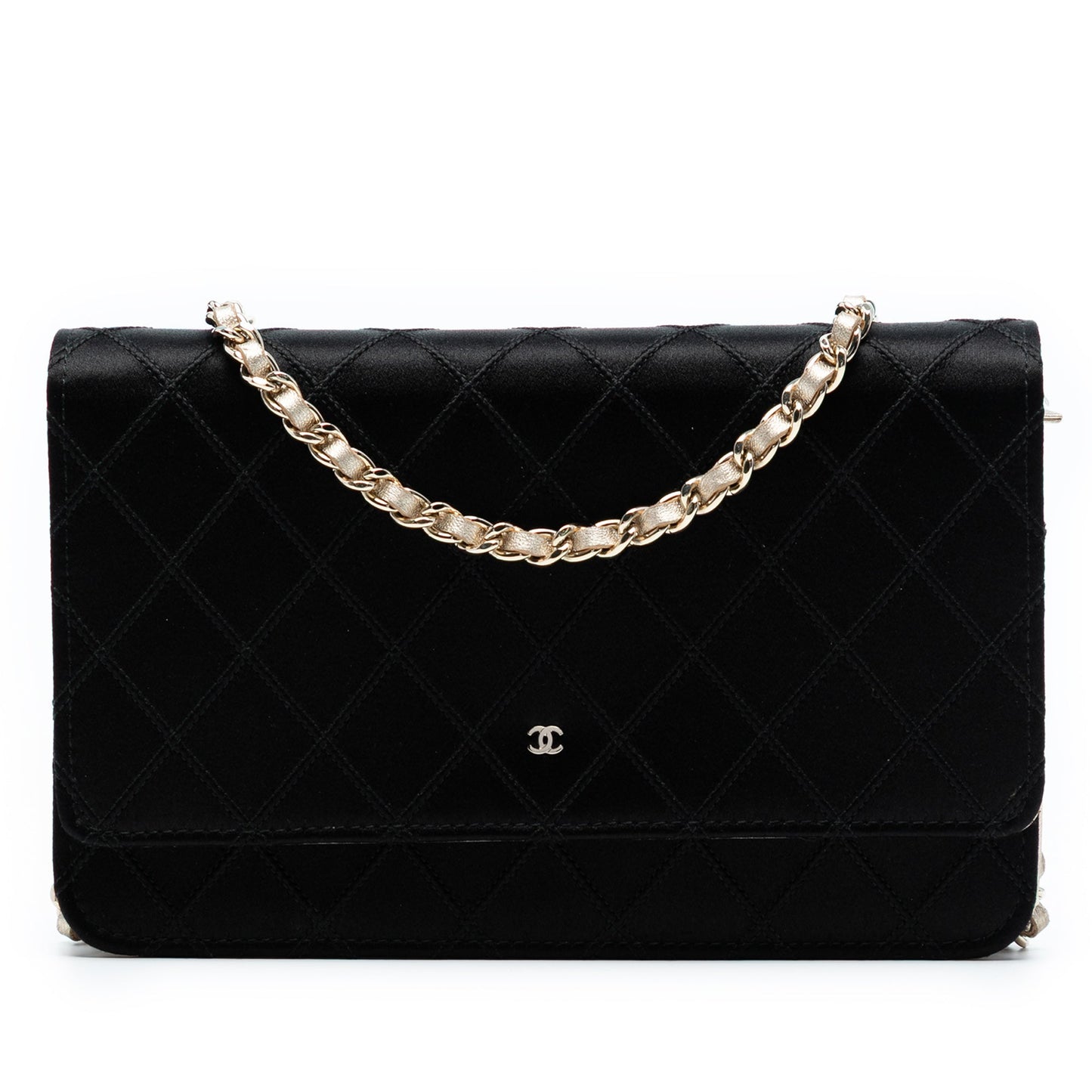 Black Chanel Bicolor Satin Diamond Stitch Wallet On Chain Crossbody Bag