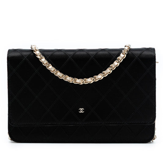 Black Chanel Bicolor Satin Diamond Stitch Wallet On Chain Crossbody Bag
