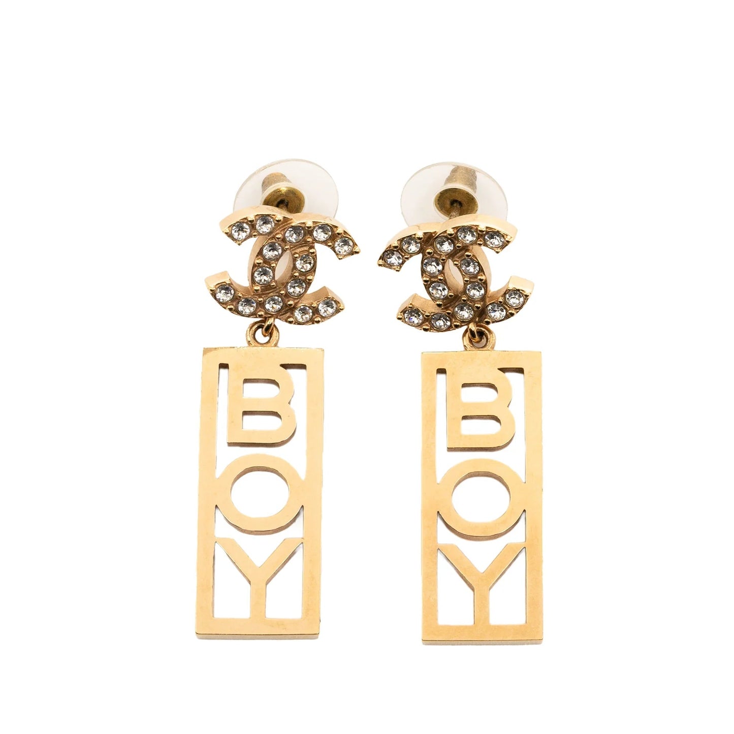Gold Chanel CC Gold Plated Rhinestones Boy Plated Push Back Earrings