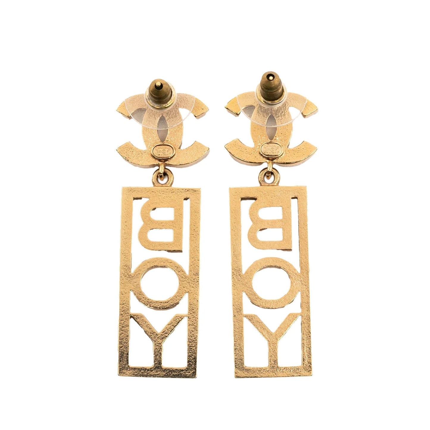 Gold Chanel CC Gold Plated Rhinestones Boy Plated Push Back Earrings