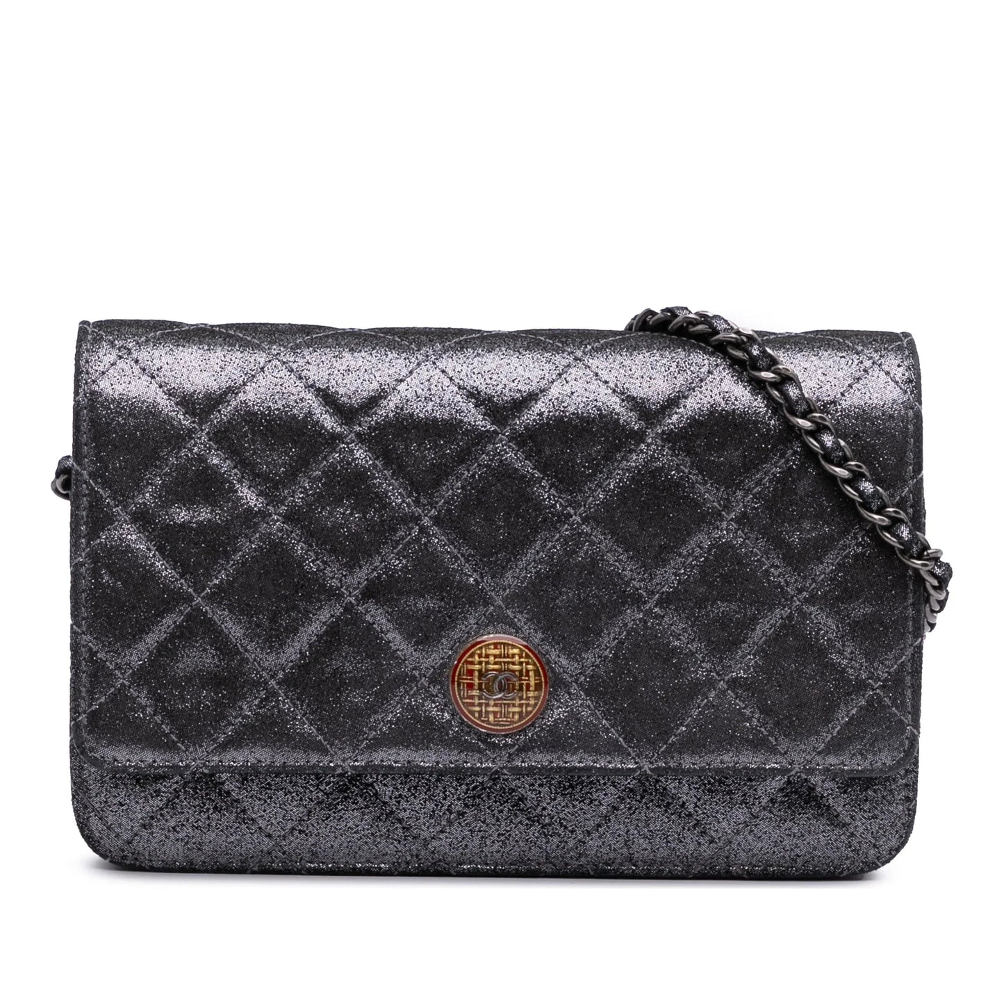 Silver Chanel Quilted Iridescent Lambskin Tartan Button Wallet On Chain Crossbody Bag