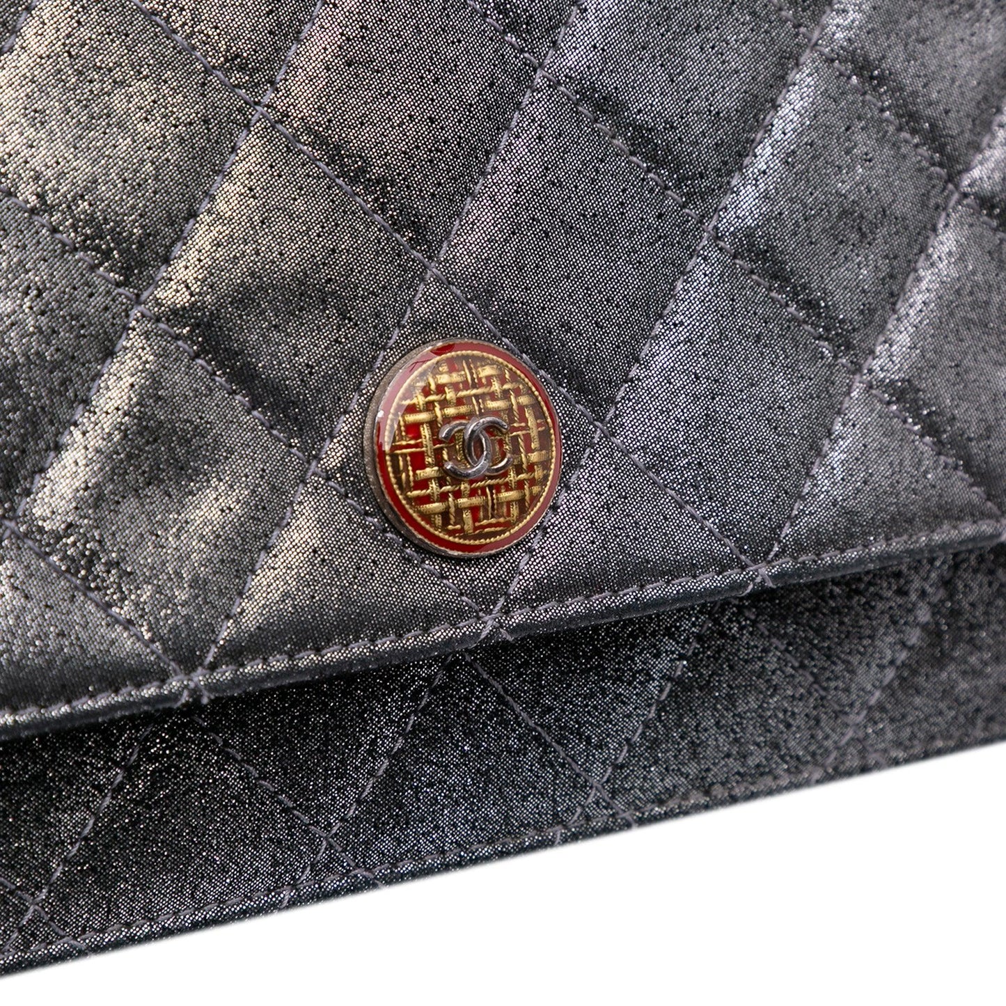 Silver Chanel Quilted Iridescent Lambskin Tartan Button Wallet On Chain Crossbody Bag