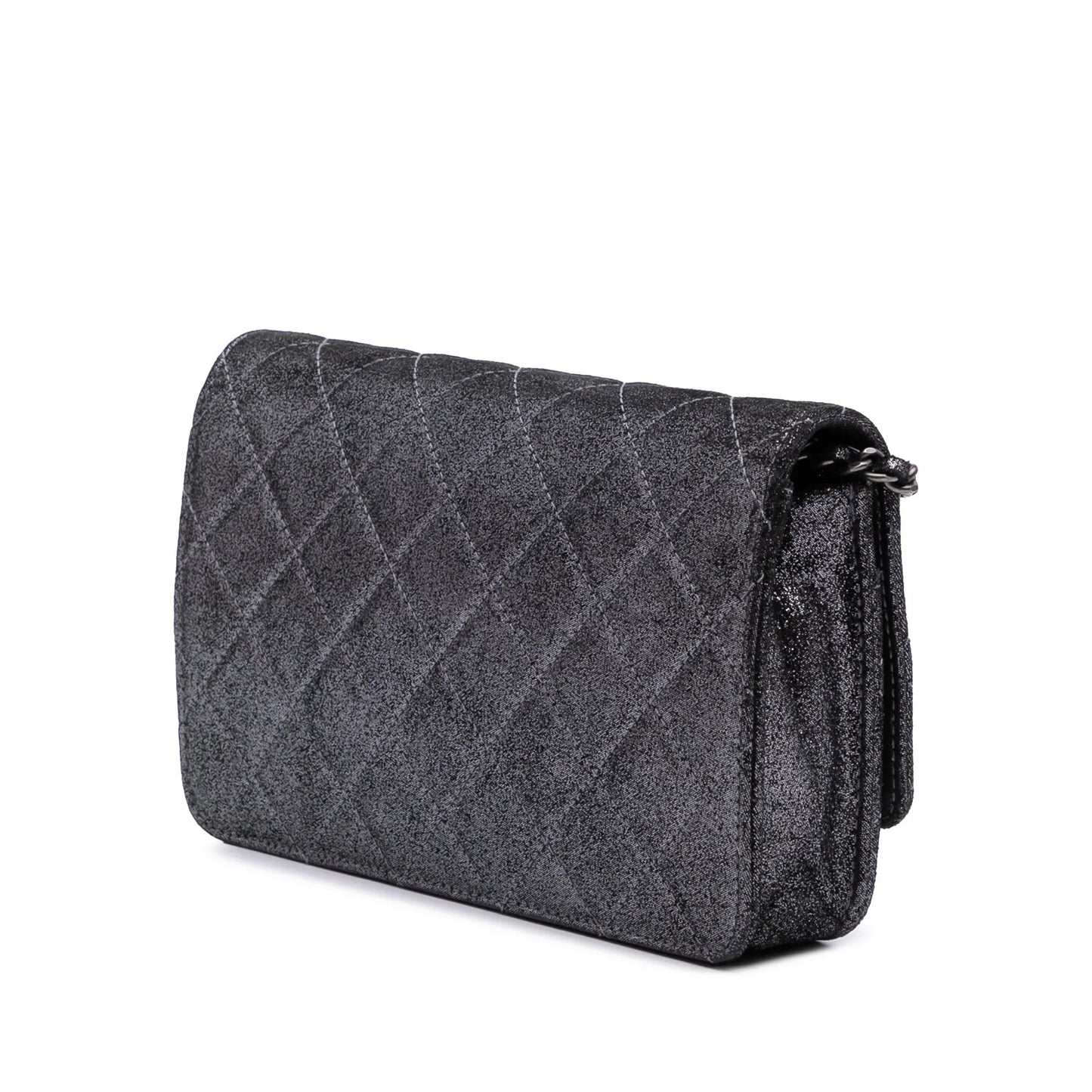 Silver Chanel Quilted Iridescent Lambskin Tartan Button Wallet On Chain Crossbody Bag