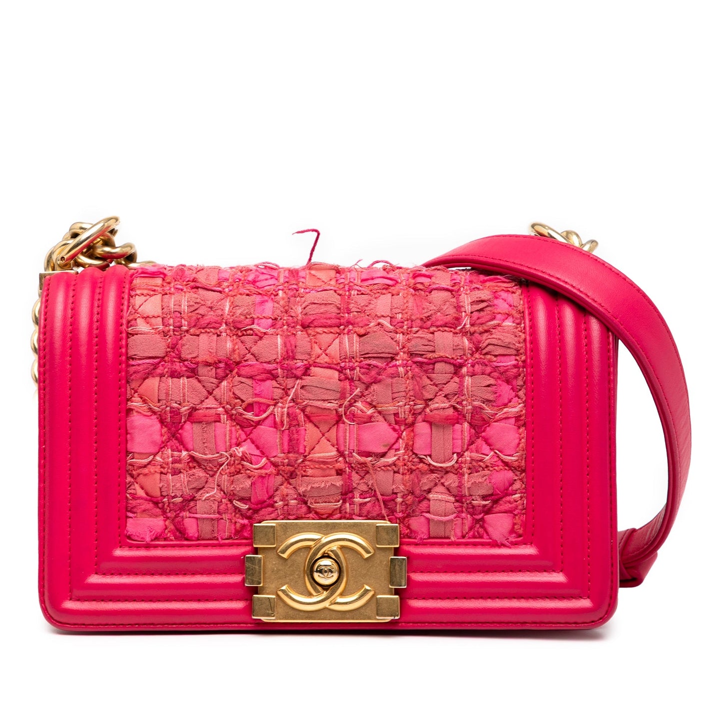 Pink Chanel Mini Tweed and Lambskin Boy Flap Crossbody Bag
