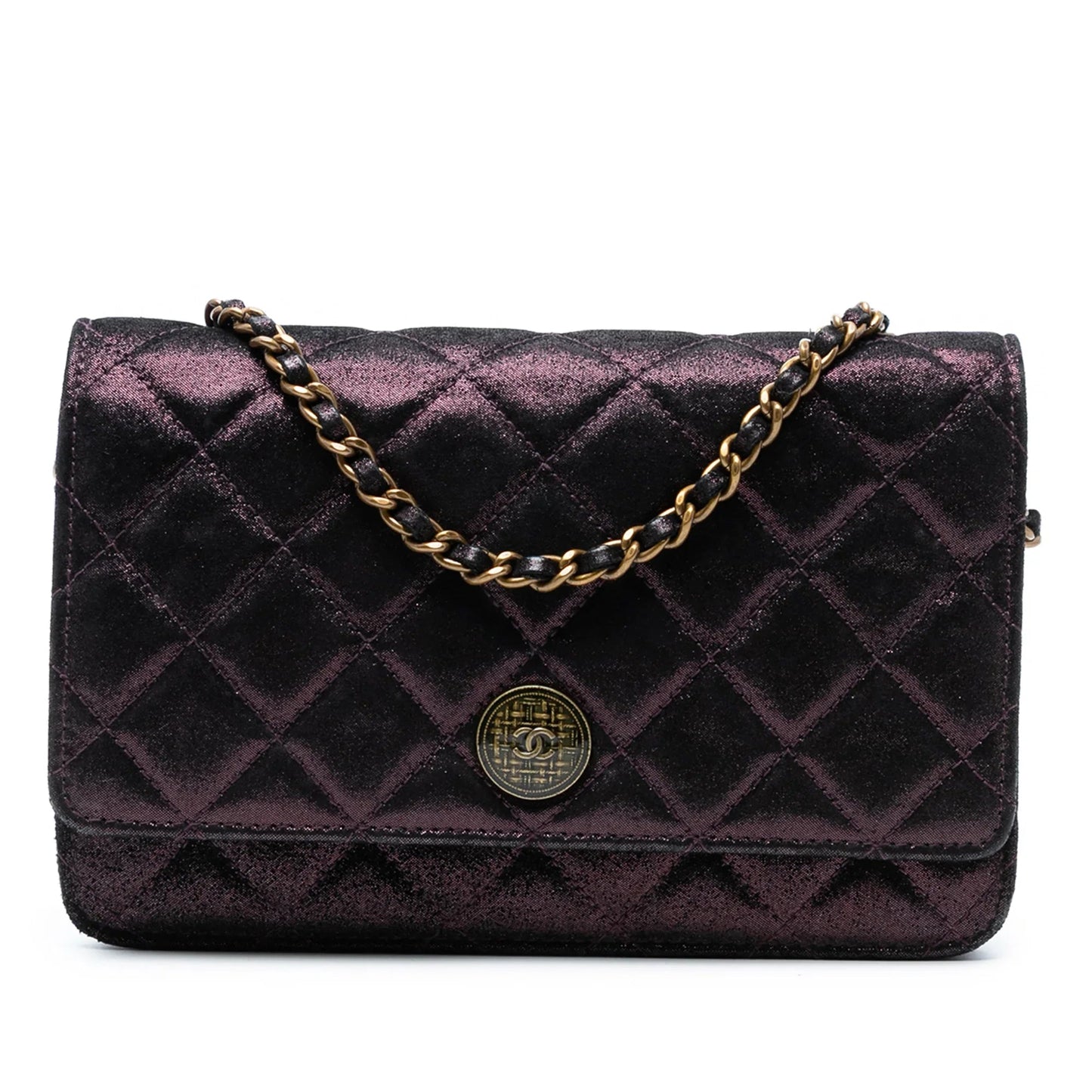 Purple Chanel Quilted Iridescent Lambskin Tartan Button Wallet On Chain Crossbody Bag