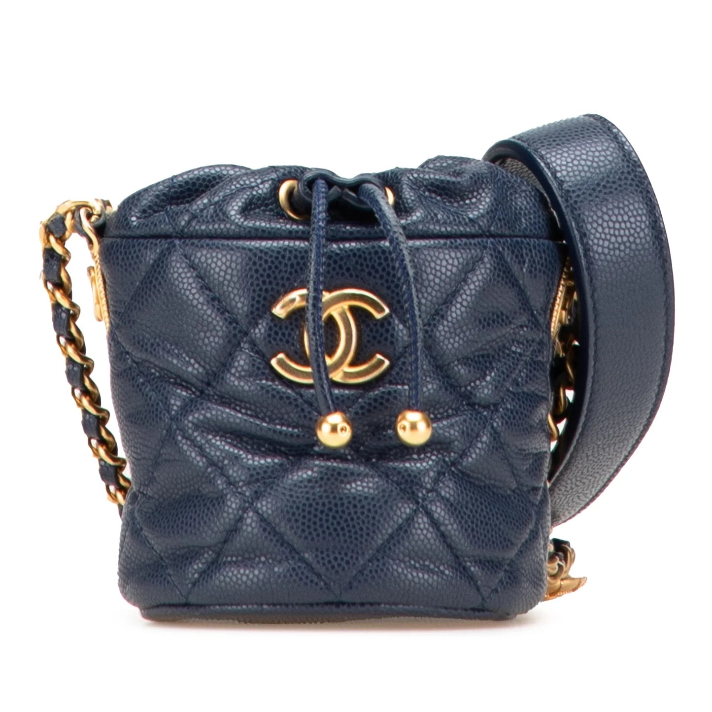Blue Chanel Mini Quilted Caviar Medallion Charms Drawstring Bucket Bag
