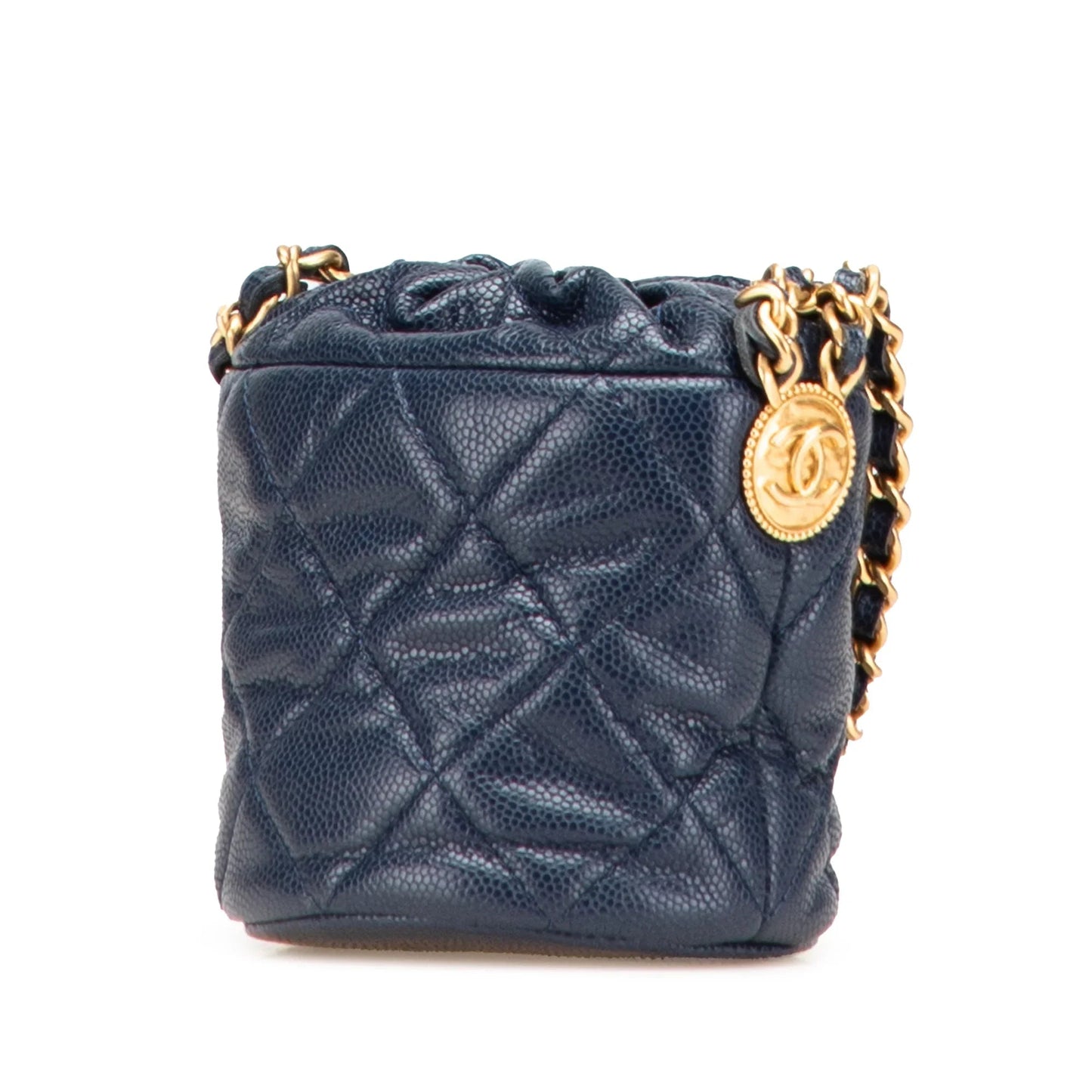 Blue Chanel Mini Quilted Caviar Medallion Charms Drawstring Bucket Bag