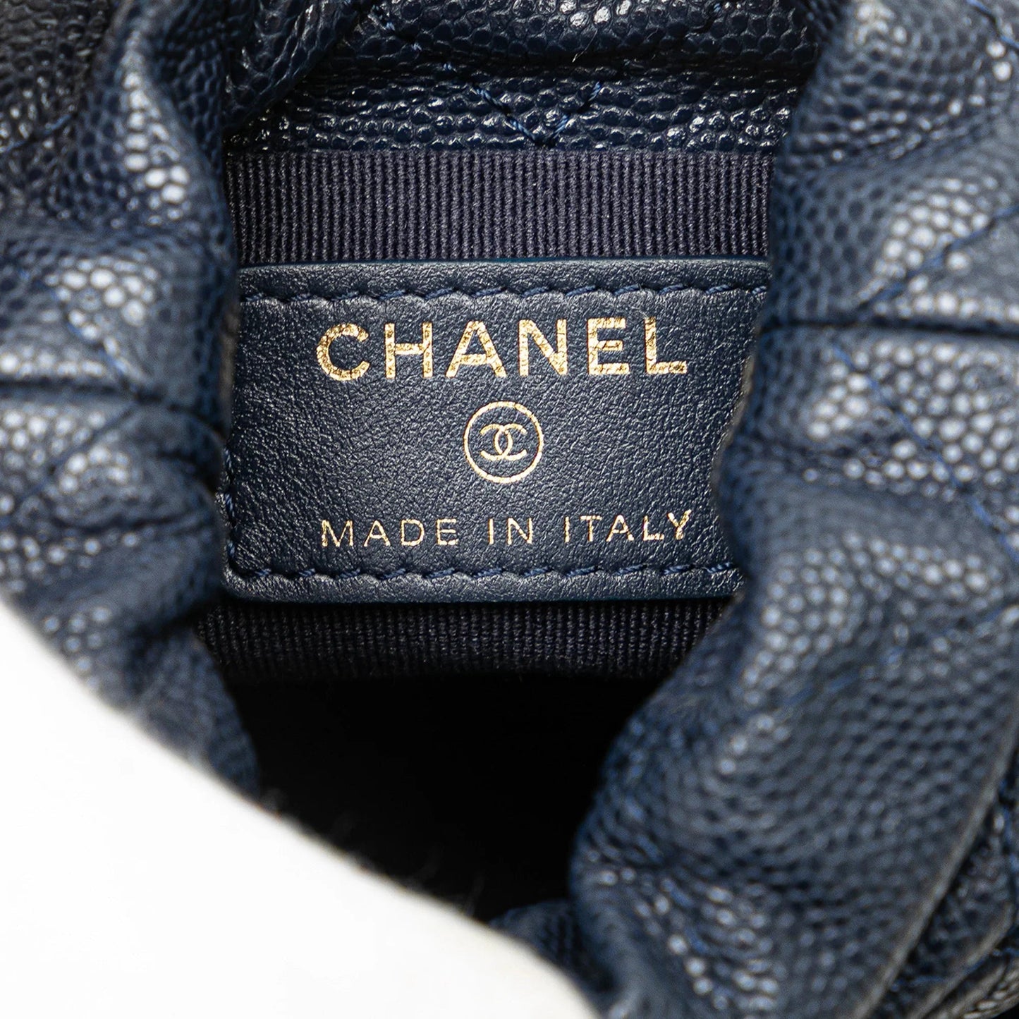 Blue Chanel Mini Quilted Caviar Medallion Charms Drawstring Bucket Bag