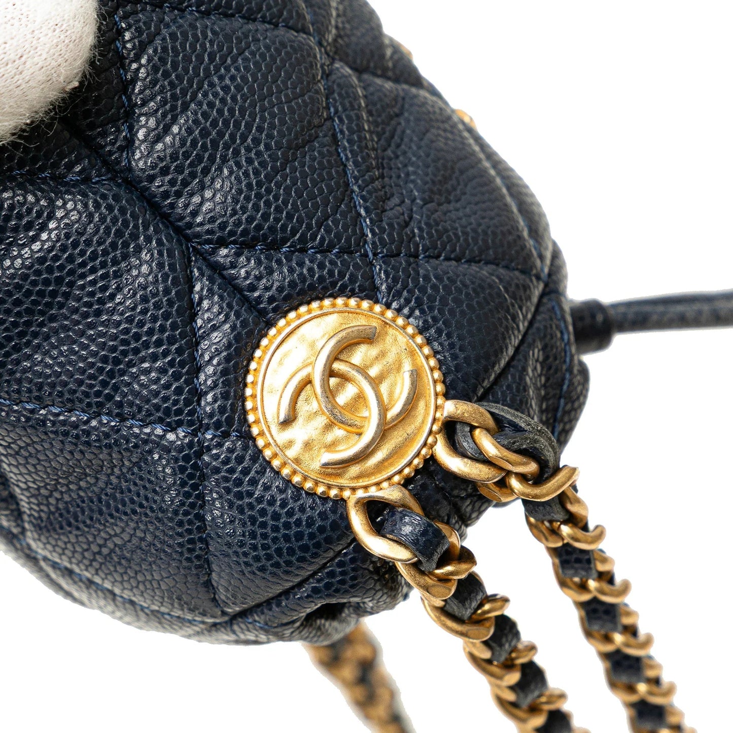 Blue Chanel Mini Quilted Caviar Medallion Charms Drawstring Bucket Bag