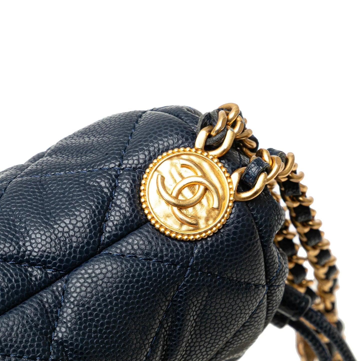 Blue Chanel Mini Quilted Caviar Medallion Charms Drawstring Bucket Bag