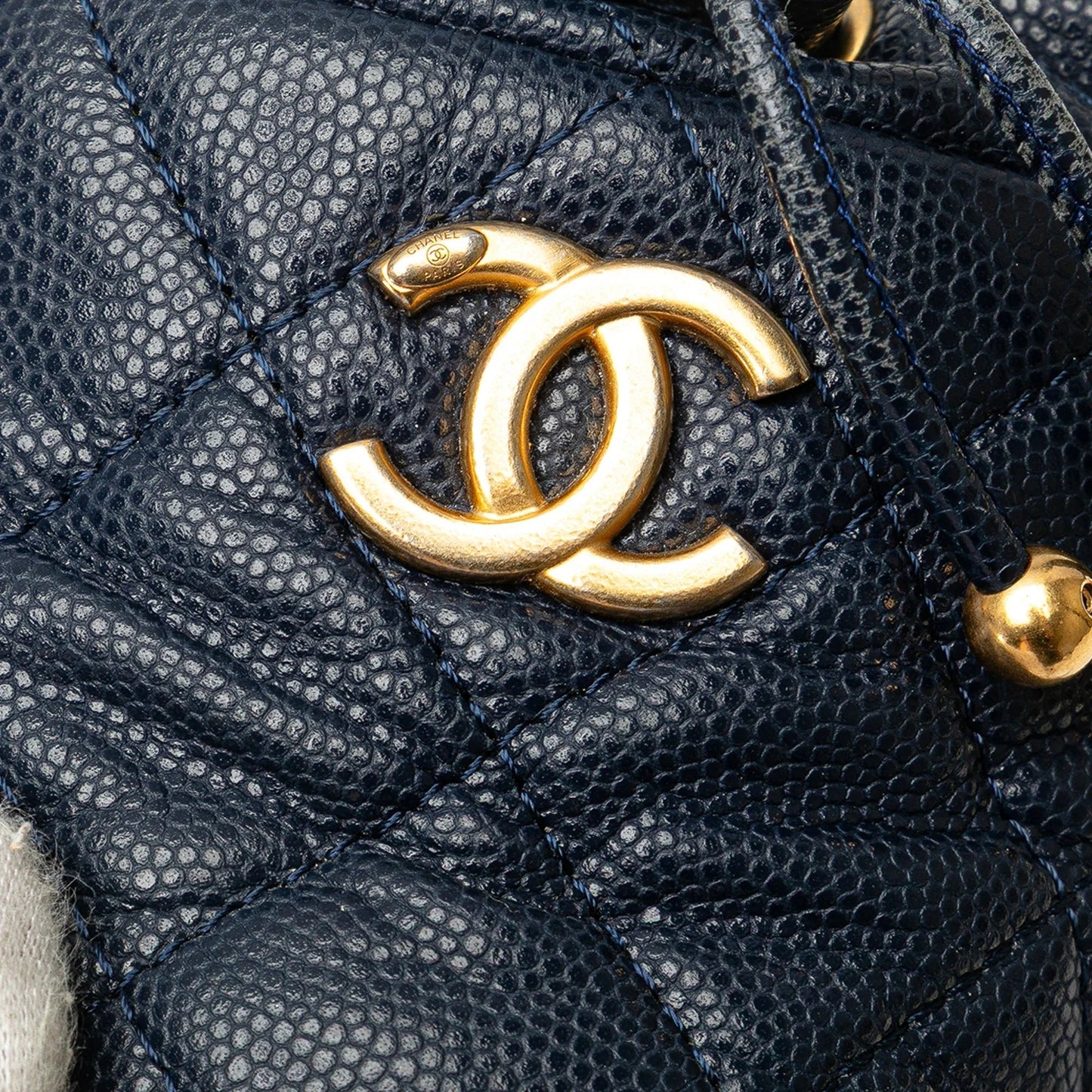 Blue Chanel Mini Quilted Caviar Medallion Charms Drawstring Bucket Bag
