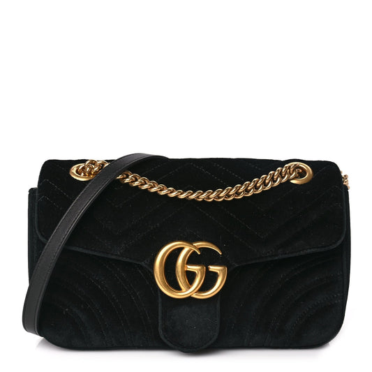 Gucci Velvet Matelasse Small GG Marmont Shoulder Bag Black