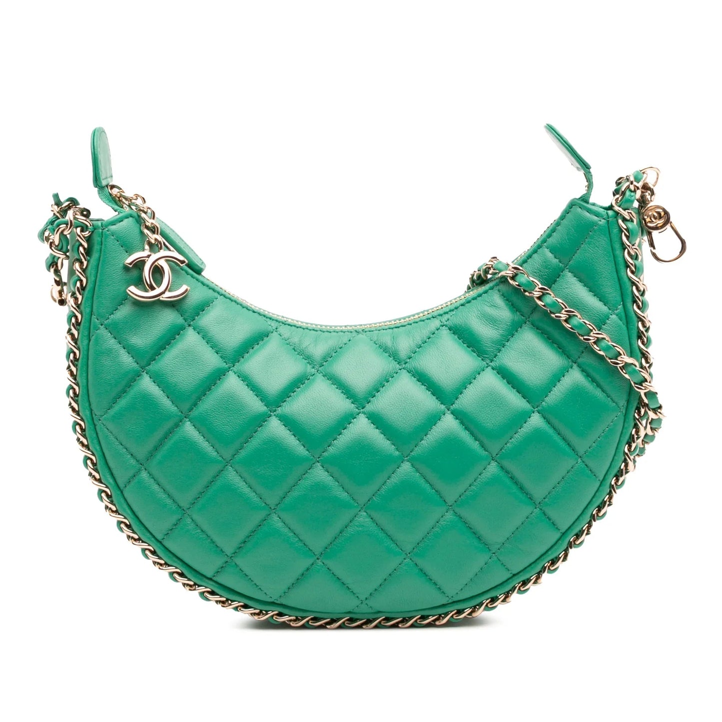 Green Chanel Small Quilted Lambskin Chain Around Hook Hobo Bag
