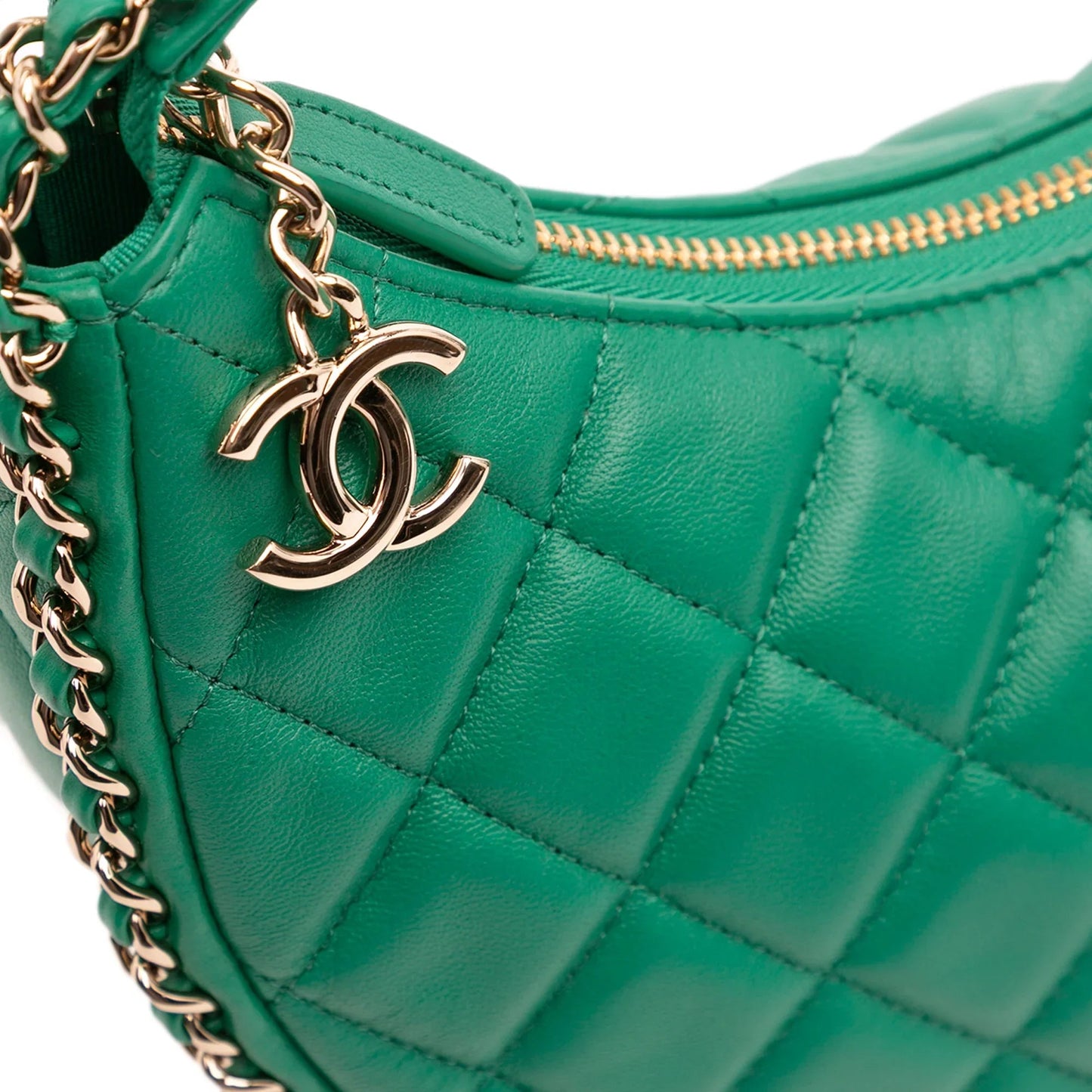 Green Chanel Small Quilted Lambskin Chain Around Hook Hobo Bag