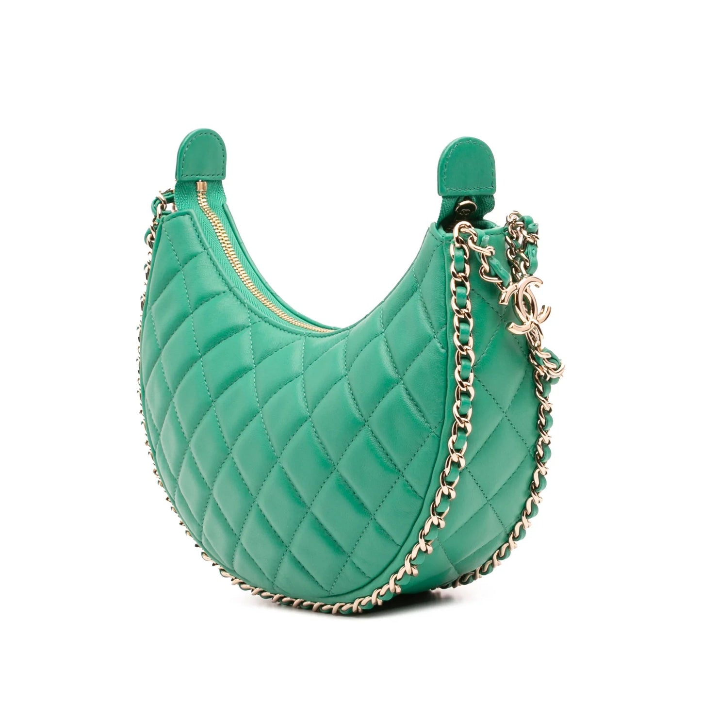 Green Chanel Small Quilted Lambskin Chain Around Hook Hobo Bag