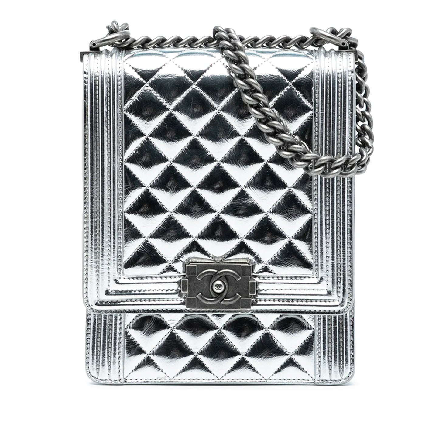 Silver Chanel Quilted Metallic Calfskin North South Boy Flap Crossbody Bag