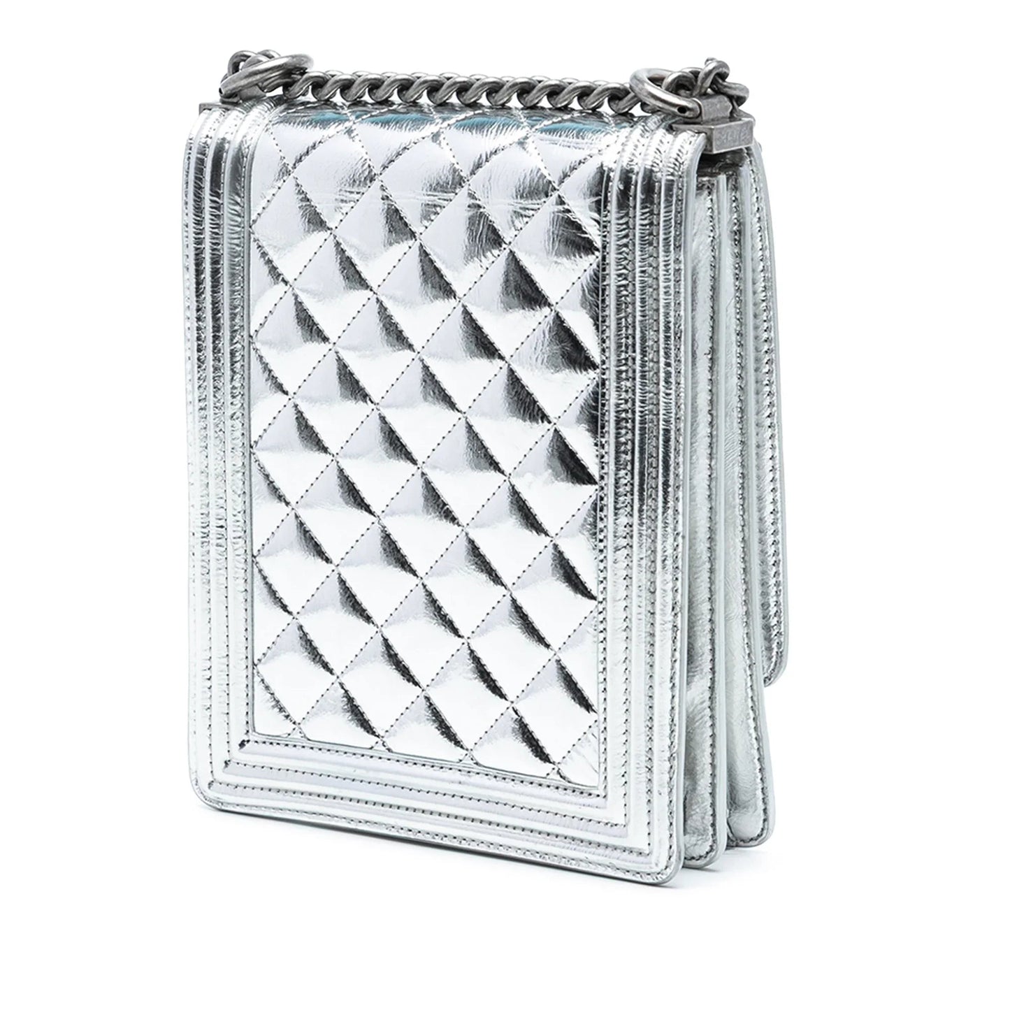 Silver Chanel Quilted Metallic Calfskin North South Boy Flap Crossbody Bag