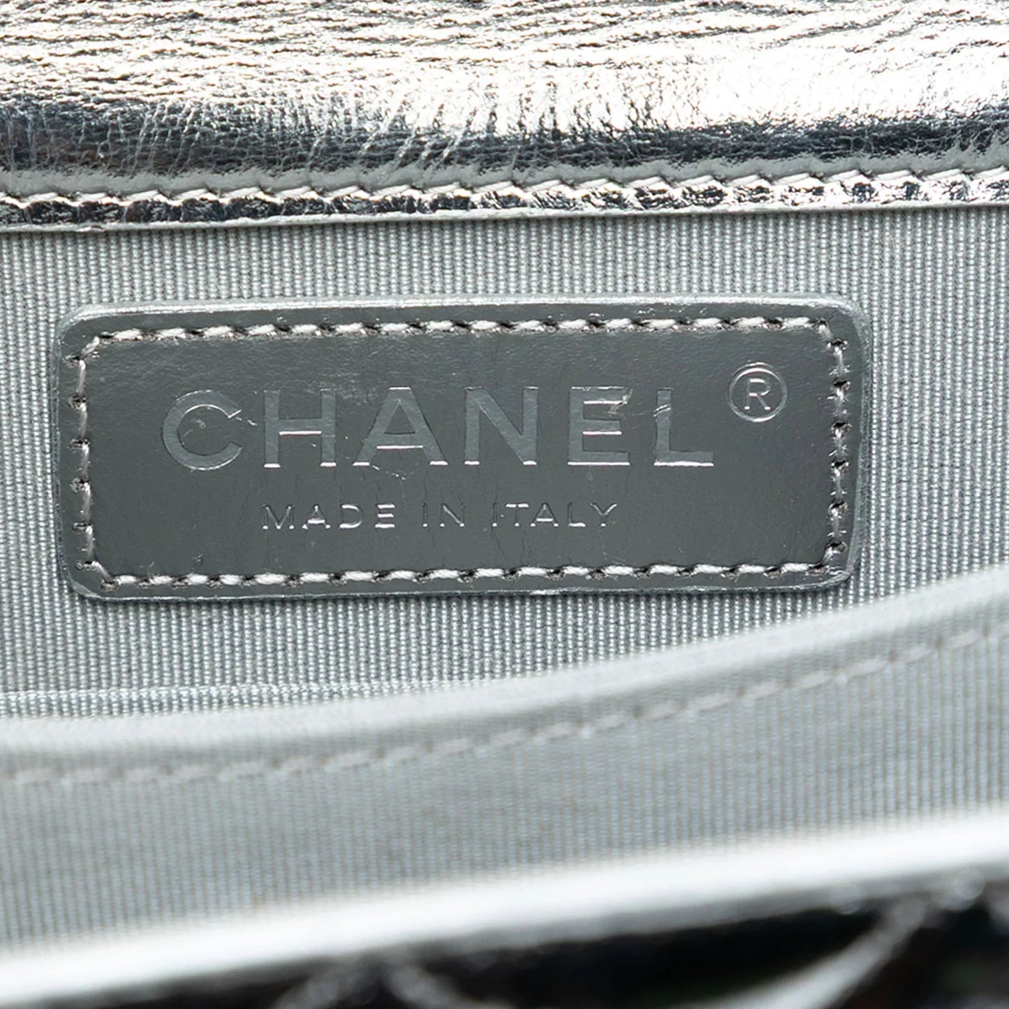 Silver Chanel Quilted Metallic Calfskin North South Boy Flap Crossbody Bag
