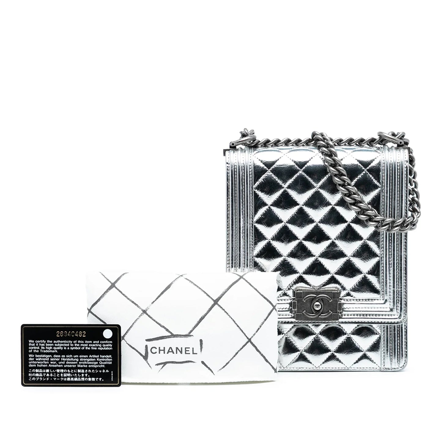 Silver Chanel Quilted Metallic Calfskin North South Boy Flap Crossbody Bag