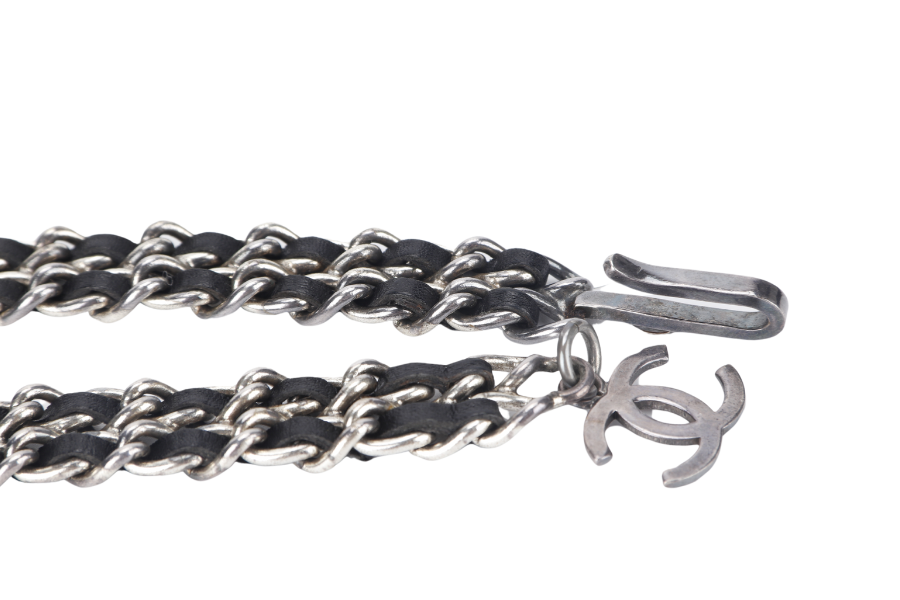 CHANEL BELT CHAIN LEATHER SILVER HARDWARE WITH BOX