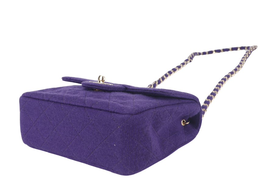 CHANEL CLASSIC FLAP MINI SQUARE (648xxxx) PURPLE JERSEY GOLD HARDWARE WITH DUST COVER AND