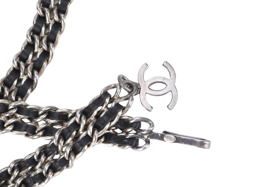 CHANEL BELT CHAIN LEATHER SILVER HARDWARE WITH BOX