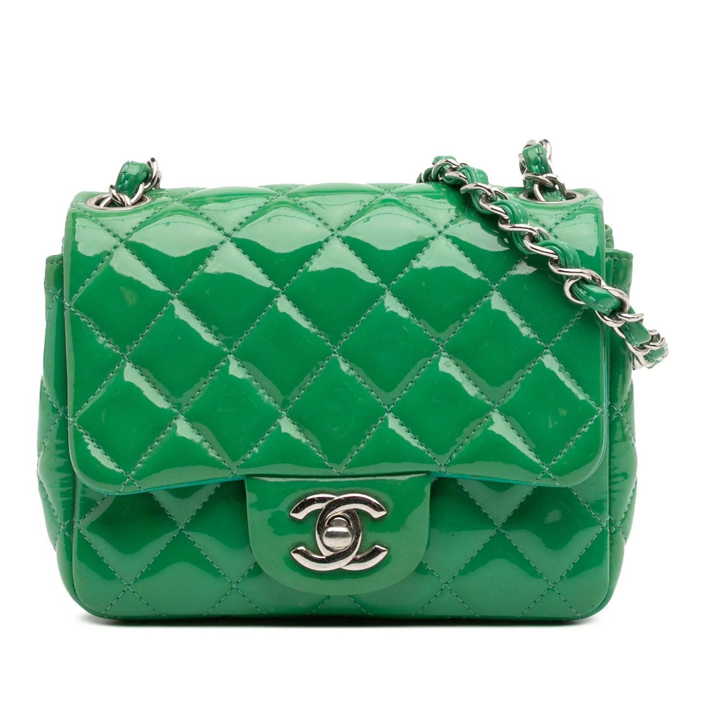 Green Chanel Mini Square Classic Patent Single Flap Crossbody Bag