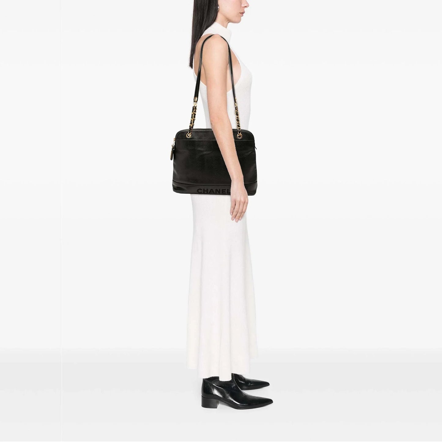 Black Chanel Caviar Logo Chain Shoulder Bag