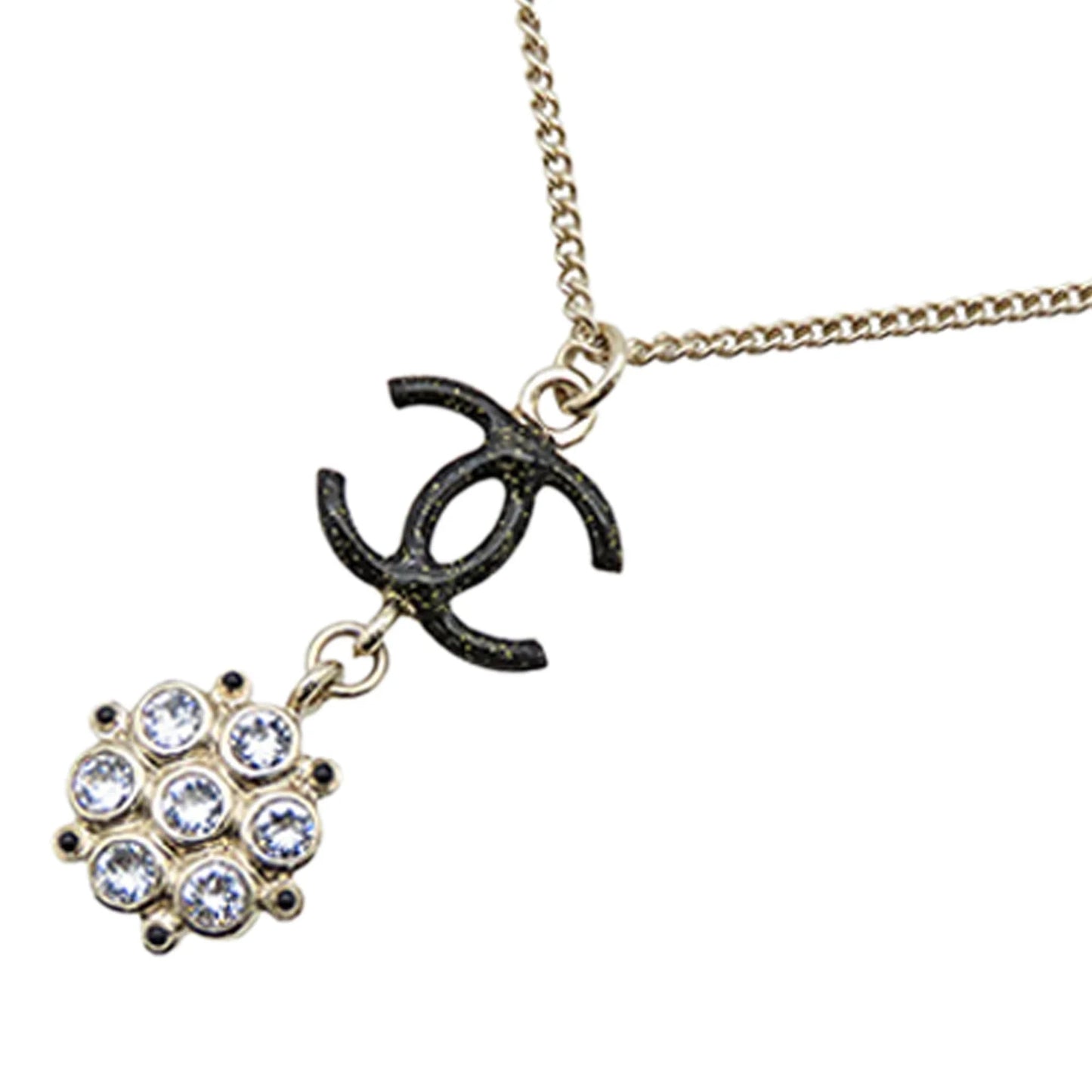 Gold Chanel Gold Plated Enamel CC and Rhinestones Flower Pendant Necklace