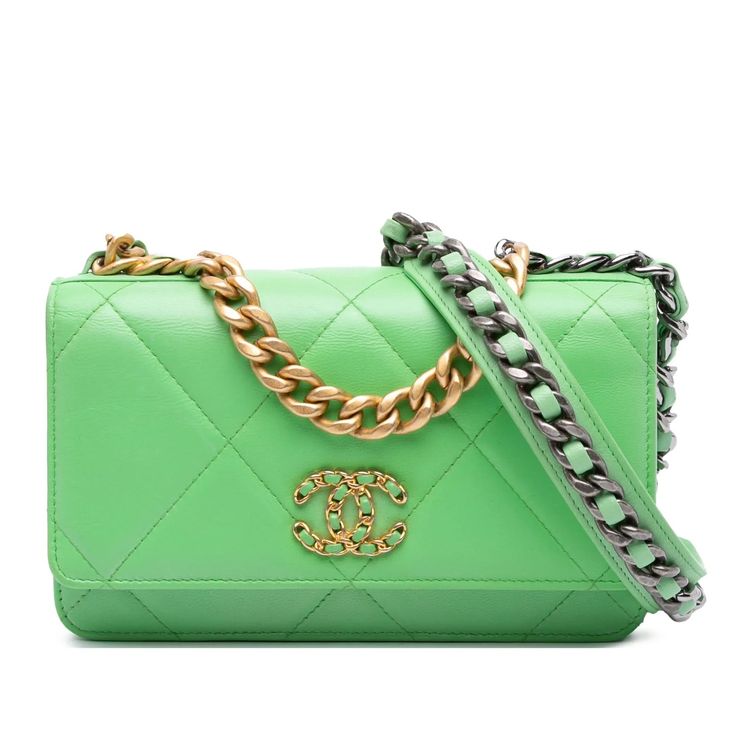 Green Chanel Quilted Lambskin 19 Wallet on Chain Satchel